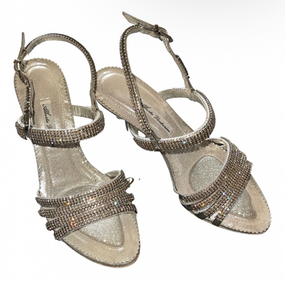 Alberto venturini silver crystal studded peep toe stiletto sandals 38